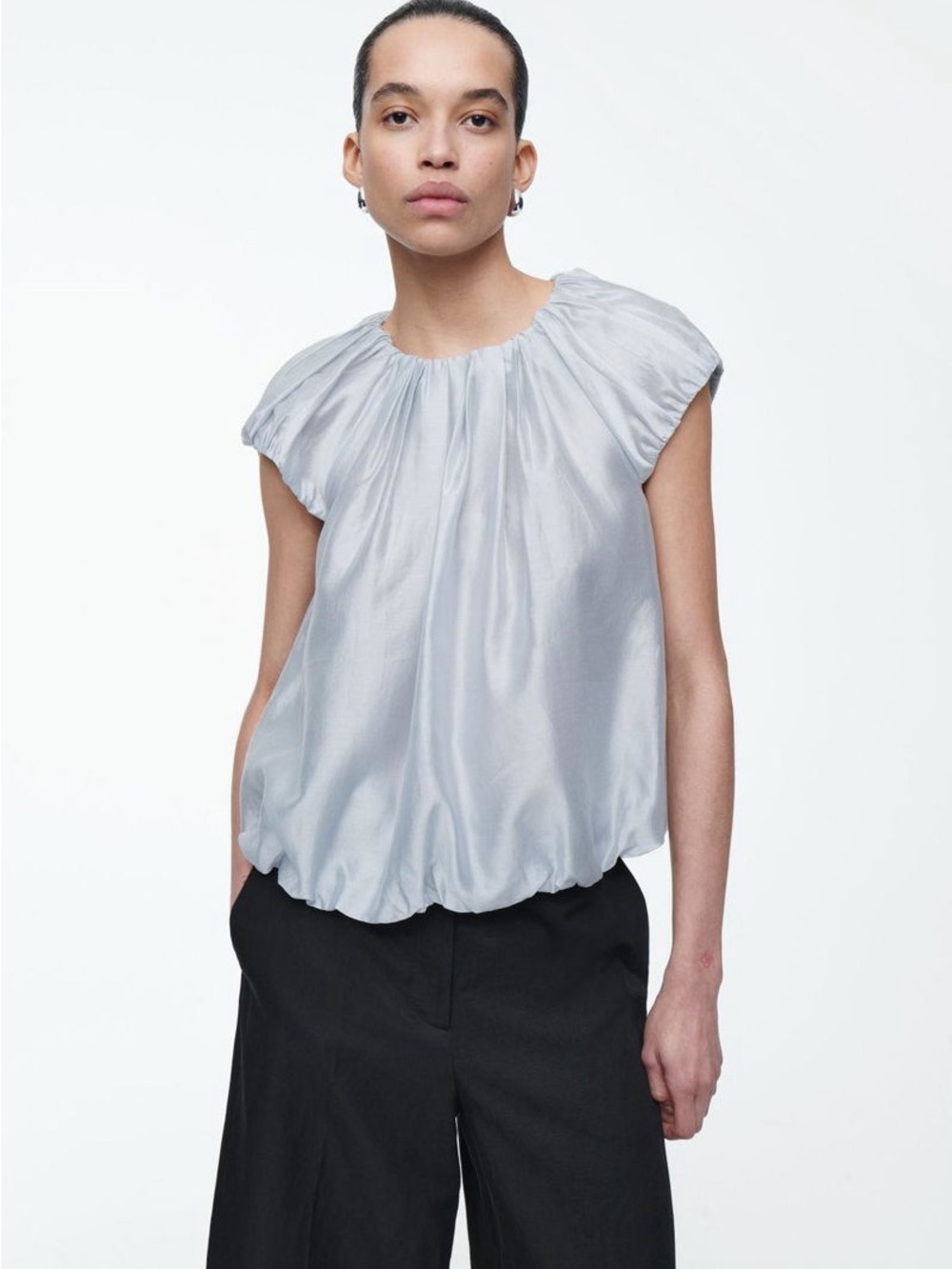 COS Voluminous Parachute Blouse in Light Blue/Gray/Silver Size M